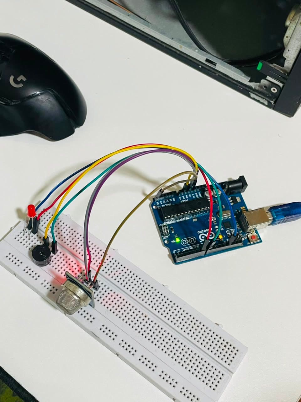 A gas sensor wired on a breadboard, built by a student